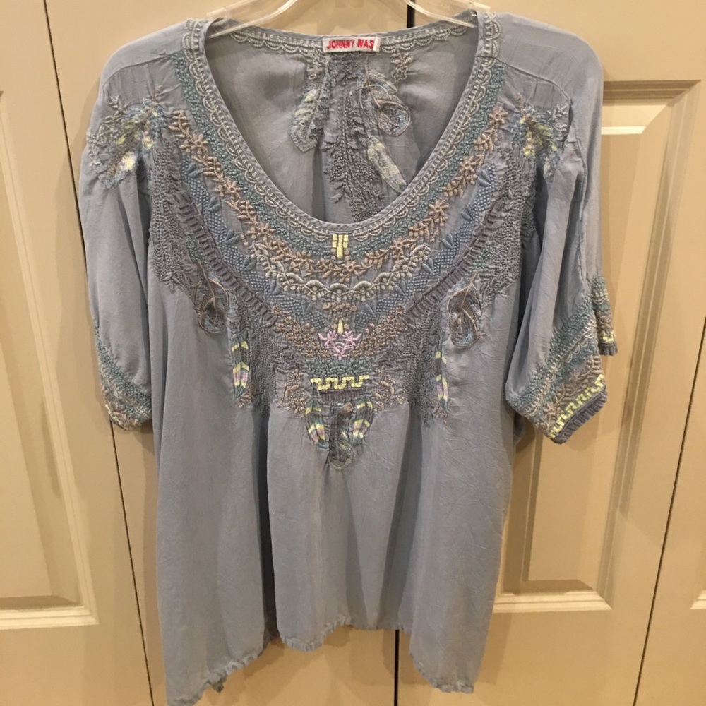 Johnny Was blue embroidered top size M